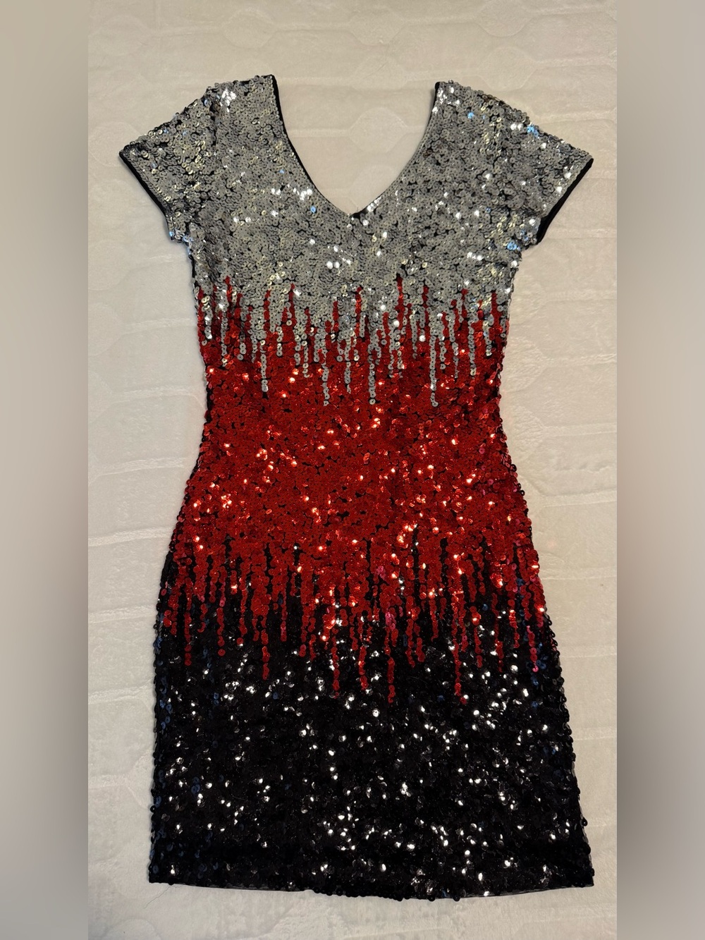 MANER MINI DRESS Sequin Ombre Sheath Dress in Silver, Red & Black